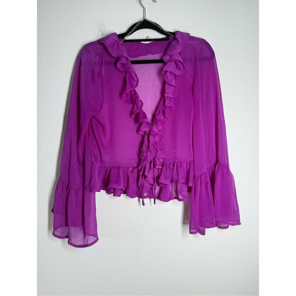 L.I.F.E. BOHEMIAN PURPLE EXTREME FRILL TIE FRONT FLARE SLEEVE BLOUSE SZ L